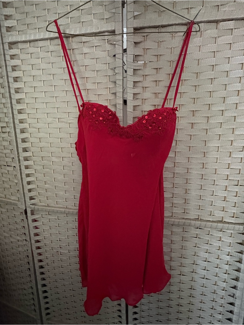Red Beaded Lace Trim Slip Dress
